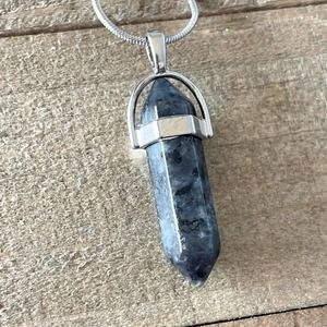 Black Moonstone Crystal Pendant Necklace on 18" Silver Snake Chain